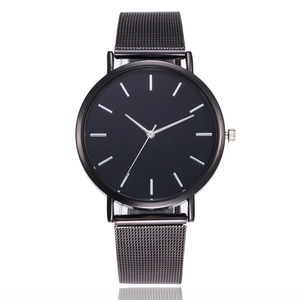 Detailed view of ultra-thin black mesh strap watch with minimalist silver stick markers