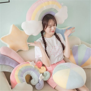 Cute macaron color plush pillows in star rainbow and cloud shapes for home decor