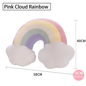 Rainbow shaped plush pillow with white clouds for bed sofa decor, size 58cm x 40cm