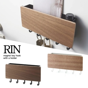 Japanese style magnetic wooden key holder with five hooks and a mail organizer shelf