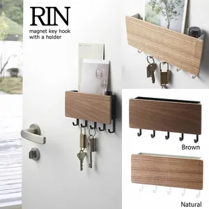 Japanese style magnetic wooden key holder with five metal hooks and top storage shelf