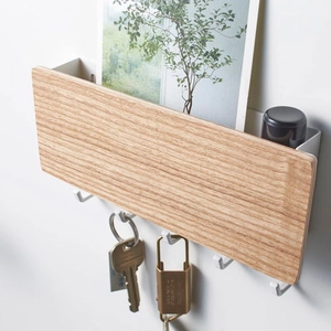 Japanese style wall mounted wooden key rack with white metal shelf and hooks for entryway