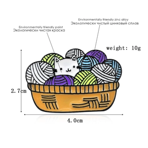 Cute cartoon white cat in yarn basket enamel pin brooch for denim bags and clothing