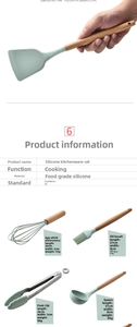 Detailed close-up of food grade silicone kitchen utensils with sturdy wooden handles