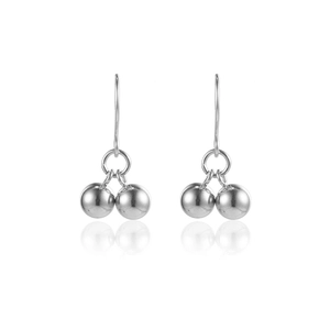 Polished silver stainless steel drop earrings featuring four spheres with mirror reflection