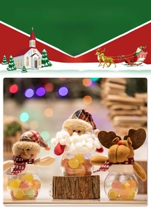 Drei Weihnachts-Süßigkeitengläser mit Plüsch-Nikolaus, Schneemann und Rentier-Deckeln