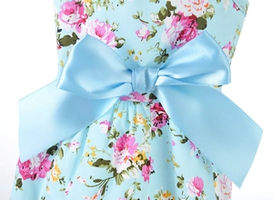 Close-up of light blue floral lace dog dress featuring a satin bow and rose prints