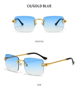Detail of rimless square sunglasses featuring gold twisted metal arms and C-logo hinges