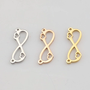 Polished stainless steel infinity heart connectors in silver, rose gold, and gold finishes