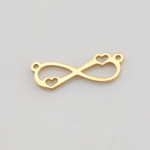 Detailed view of a gold infinity heart connector with dual loops in polished stainless steel