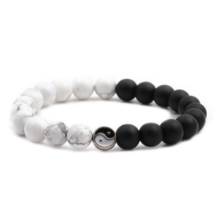 Black and white Tai Chi bead bracelet set with frosted onyx and white turquoise beads