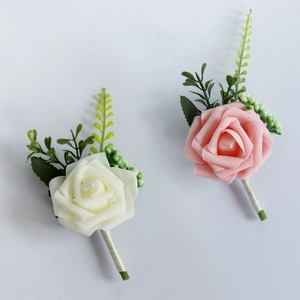 Boutonnière De Rose Artificielle En PE Avec Feuilles Vertes Baies Ruban Satin Épingle Clip Mariage Fête Décoration