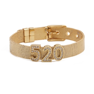 Detail view of gold mesh strap bracelet featuring a sparkling crystal 520 charm detail