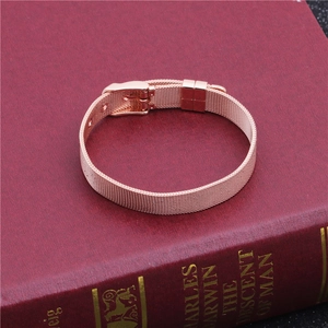 Detail of rose gold mesh band bracelet with adjustable belt buckle on a vintage book