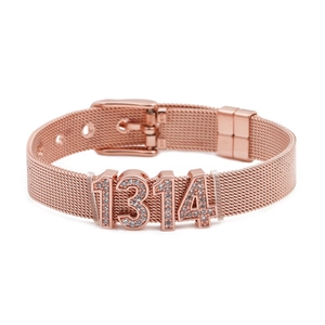 Close-up of rose gold mesh bracelet featuring 1314 numeric sliders and sparkling rhinestones