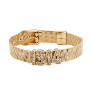Close-up of gold woven mesh bracelet with crystal 1314 numeric charms and buckle strap