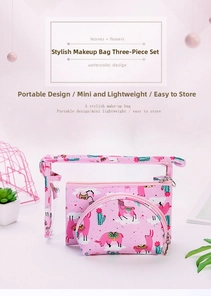 Detail view of 3pcs clear PVC toiletry bag set with pink alpaca and cactus prints