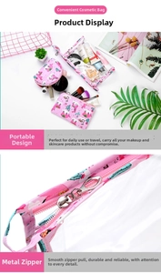 Detail of durable gold-tone metal zipper and printed PVC texture of travel makeup bags