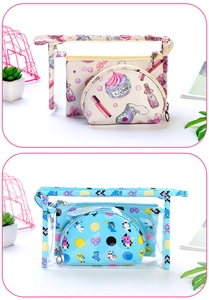 Three-piece clear PVC and printed leather toiletry bag sets in pink and blue designs