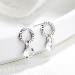 Sparkling silver round stud earrings with halo cubic zirconia and bright drop diamond
