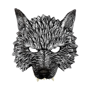 Realistic silver wolf mask with 3D fur texture and fangs for Halloween cosplay parties
