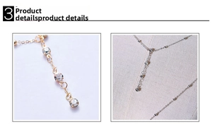Detailed close-up of gold and silver Y-necklace with crystal fringe and round cut stones