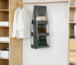 Detailansicht des grauen Hänge-Organizers mit 6 Taschen und PVC-Fenstern für Taschenaufbewahrung