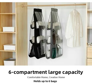 Detail eines Hänge-Handtaschen-Organizers mit 6 Fächern und PVC-Sichtfenstern im Schrank