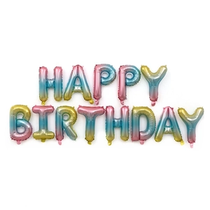 Detail of 16-inch Happy Birthday balloons in metallic macaron gradient rainbow foil