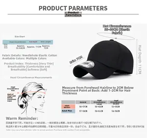 Size chart for breathable elastic baseball cap with head circumference measurements