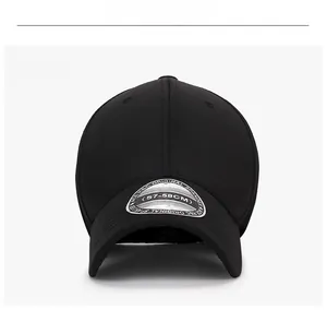 Front view of black elastic baseball cap with 57-58CM size sticker on curved brim