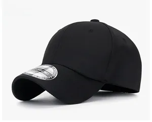 Detail view of the black baseball cap with elastic spandex fabric and 45-degree angle profile