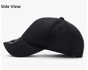 Side view of black breathable mesh baseball cap with spandex fabric and cooling vents