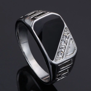 Classic silver-toned men's square ring with black enamel and four side zircons
