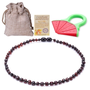 Natural Baltic amber baby necklace set with teething toy, linen pouch and certificate