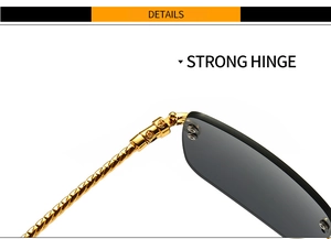 Close-up of durable metal hinge and golden twisted temple on square sunglasses