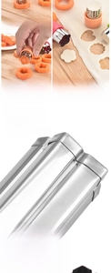 Macro detail of stainless steel cookie cutters with colorful protective hand grips