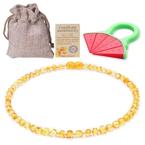 Collana di ambra per neonati con sacchetto di lino, certificato e massaggiagengive in silicone