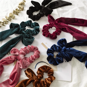 Elegant velvet bow hair scrunchies in six rich colors for autumn and winter hairstyles