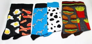 Assorted cotton crew socks featuring creative food and animal prints like burgers and fries