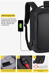 Detail of waterproof business backpack showing external USB charging port and cable