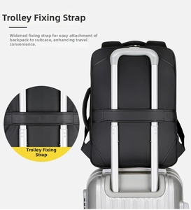 Detail of wide luggage strap on business laptop backpack for easy travel attachment