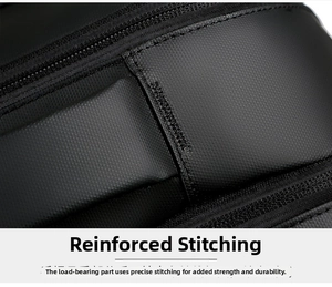 Detail of reinforced bartack stitching on durable black nylon backpack handle strap