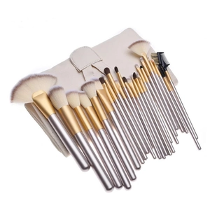 Champagne professional makeup brush set with wooden handles and beige PU storage case