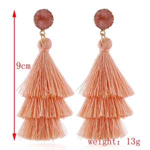Fashionable peach pink three-layer tassel earrings with faux stone studs and 9cm length