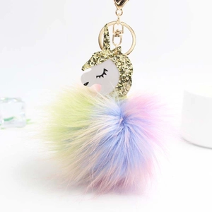 Rainbow fluffy unicorn keychain with golden horn and metal clip for bags and car keys