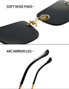 Detail view of gold metal hinges, soft silicone nose pads, and curved sunglasses legs