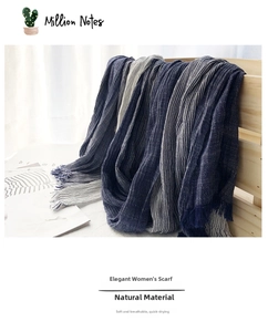 Detail of navy blue and white striped cotton-linen scarf featuring fringe texture