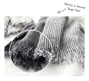 Detail view of grey and white striped scarf showing woven texture and fringe tassels