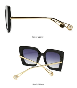 Side and back view of oversized square sunglasses with gold metal temples and pearl tips
